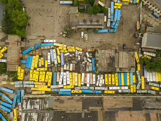 Aerial drone view. Abandoned bus depot in Kiev.