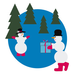 Merry Christmas and Happy New Year. Snowman brings a gift.
