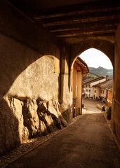 Street of Gruyeres and entrance to Gruyeres chateau, Switzerland