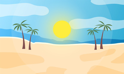 Fototapeta na wymiar Sunrise on the seashore. Abstract view of the sandy beach with a palm tree, tropical resort vector illustration. Tropical beach with coconut trees on a hot sunny day. Exotic seascape, relaxation place