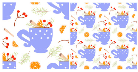 Seamless pattern of a cup with a hot winter drink on a white background. New Year's ornament for decorating cafes and drinks. Cup with oranges, berries, cinnamon.