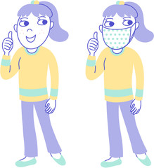 Teenage girl doing thumbs up / Teenage girl wearing a face mask doing thumbs up