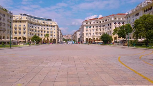 4K clip of the empty infamous Aristotelous Square in Thessaloniki, Greece on a clear summer day