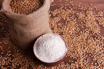 Bowl of wholegrain flour powder, heap of wheat grains in burlap sack on brown wooden table. High angle, closeup. Harvest, agriculture concept