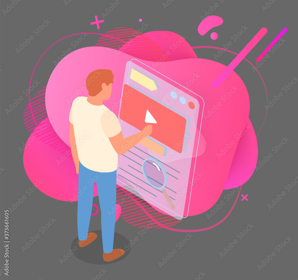 Poster video player on the tablet near man vector illustration. mobile device for watching digital informat