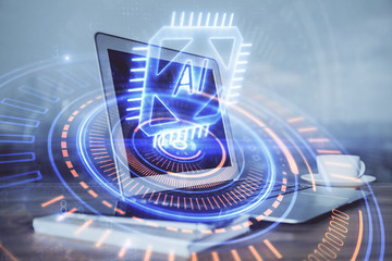 Double exposure of computer and technology theme drawing. Concept of innovation.