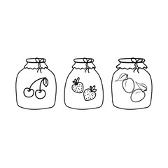 Jam, jars, flat outline icons. Vector badges. Glass jars with homemade canned natural products. An emblem for a sweet food store or website.