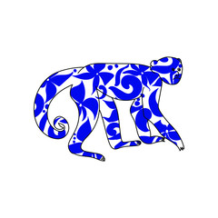 outline illustration of a monkey with floral patterns in blue, symbol of the year according to the eastern horoscope, vector silhouette of an animal