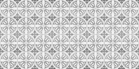 Fototapeta premium Seamless old gray grey white vintage shabby patchwork mosaic motif tiles stone concrete cement wall texture background with circle flower leaf pattern print