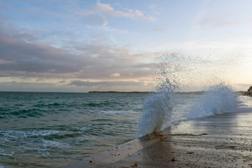 Big high tide and big waves on the Chaussée du Sillon in Saint Malo, Brittany, France