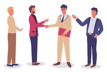Fototapeta premium Business people group communicating standing on white background. Smiling friendly colleagues wearing in formal clothes vector flat design. Businessmen shake hands, good deal, partnership concept