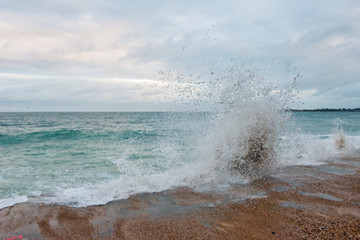 Big high tide and big waves on the Chaussée du Sillon in Saint Malo, Brittany, France
