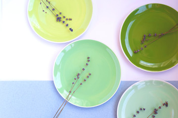 green and yellow plates on a white background. rustic style