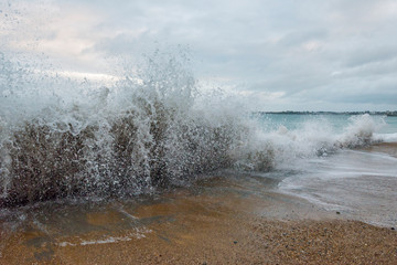Big high tide and big waves on the Chaussée du Sillon in Saint Malo, Brittany, France