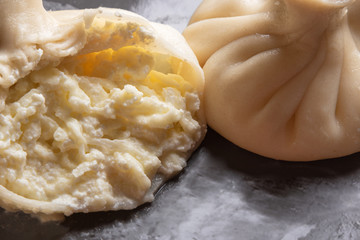 khinkali with cheese close-up. Traditional Georgian dish.