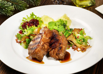 Wild Boar Steak with Vegetables and Mushrooms - Isolated