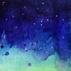 Abstract watercolor background in blue shades. Night sky graduating from dark blue to light azure with blurry spots of stars. Hand drawn illustration of washed paint splashes on textured paper