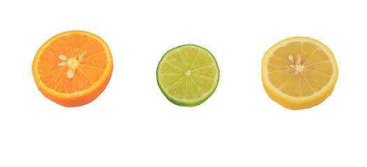Banner of Citrus compositio which citrus slice, orange, lemon, lime, isolated on white background