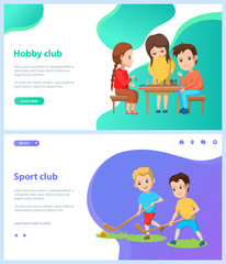 Hobby and sports club vector, back to school concept. Children boys playing field hockey with wooden sticks, kids with chess thinking on strategy of game. Website or webpage template, landing page