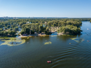 Obraz premium Aerial view. Kayak boats near the shore.