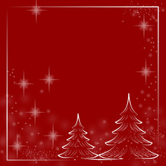 White outlines of trees, white snowflakes and shining stars arranged in a chaotic order across the surface on a red isolated background. Copy space, Christmas card