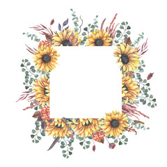 Watercolor hand painted floral sunflower fame.Watercolor floral illustration with sunflowers -  for wedding invite, stationary, greetings, wallpapers, background.