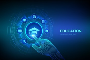 Education. Innovative online e-learning and internet technology concept. Webinar, knowledge, online training courses. Skill development. Robotic hand touching digital interface. Vector illustration. - obrazy, fototapety, plakaty