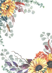Watercolor hand painted floral sunflower fame.Watercolor floral illustration with sunflowers -  for wedding invite, stationary, greetings, wallpapers, background.