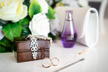 Wedding accessories rings hands bride, embroidery decoration groom flowers day beauty