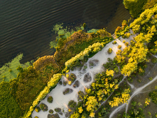 Aerial drone view. Bank of the Dnieper River in Kiev in the evening in the rays of the setting sun.