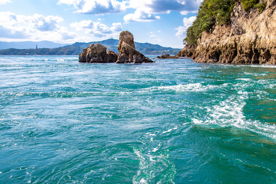 瀬戸内海・来島海峡の荒々しい潮流のある風景　愛媛県今治市. The view of rough tidal current at Kurushima Strait, in Seto-naikai, Inland sea of Japan, in Imabari city, Ehime pref. Japan