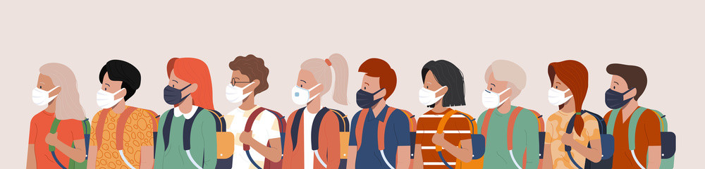 Back to school, new normal concept. Group of children wearing medical masks to prevent disease, flu, air pollution, contaminated air, world pollution. Vector illustration