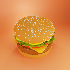 Hamburger on an orange background, 3d rendering - 373667485