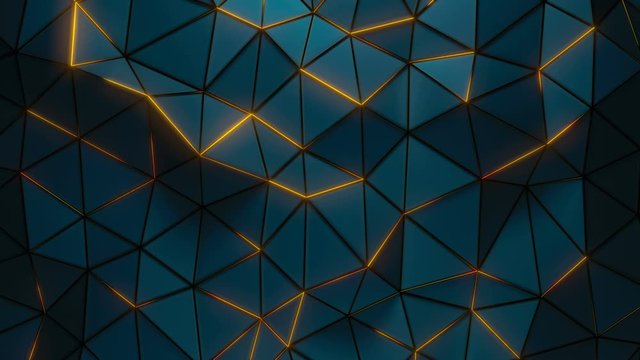 Dark polygonal surface with glow edges. Computer generated abstract motion background. 3D render seamless loop animation