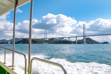 遊覧船から瀬戸内海・来島海峡大橋を眺める　The view of Setonaikai, Inland sea of Japan, and Kurushima-Kaikyo-Ohashi bridge from a pleasure boat in Imabari city, Ehime pref. Japan