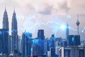 Rolgordijnen Social media icons hologram over panorama city view of Kuala Lumpur, Malaysia, Asia. The concept of people networking and connections. Double exposure. © VideoFlow