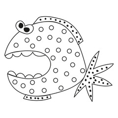Round predatory fish with polka dots. Coloring book page. Development of motor skills.