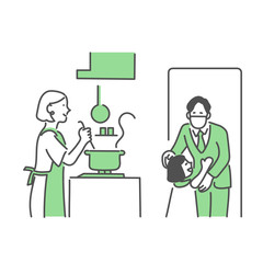 食事の支度をする母親と帰宅した父親を喜ぶ子ども