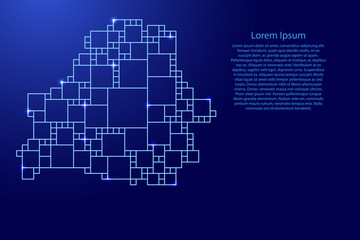 Belarus map from blue pattern from a grid of squares of different sizes and glowing space stars. Vector illustration.