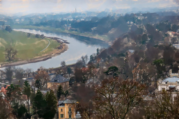 Obraz premium watercolor illustration: View over the arch of the Elbe with the green meadows of the Elbe and the villas on the hillside.