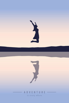 jumping happy girl by the lake at sunset vector illustration EPS10