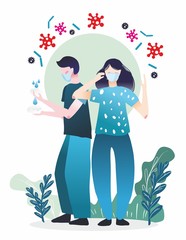 The concept of viral prevention. A group of people put on protective masks and wash their hands. Healths. People are closing up. A global epidemic or pandemic. Flat illustration.
