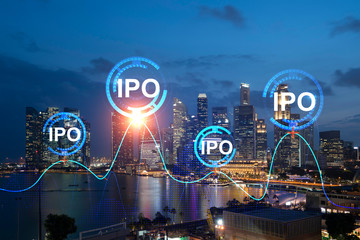 Initial public offering hologram, night panoramic city view of Singapore. The financial center for...