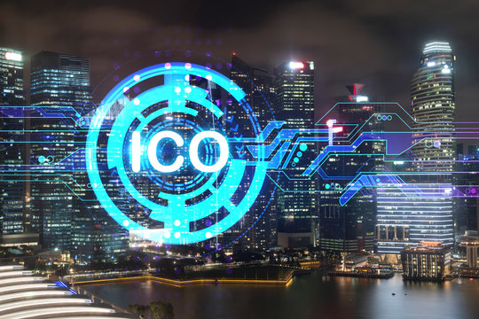 Initial coin offering hologram, night panorama city view of Singapore, the center of cryptocurrency projects in Asia. The concept of widespread ICO hysteria. Double exposure. - Powered by Adobe