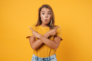 Image of blonde shocked woman pointing finger at other sides