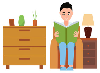 Man at home vector, male character sitting on comfortable armchair reading book on weekend. Wooden furniture with vase and decor on surface, picture frame and lamp