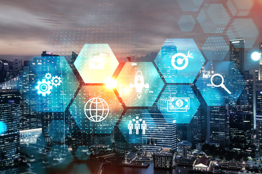 Hologram of Research and Development glowing icons. Sunset panoramic city view of Singapore. Concept of innovative technologies to create new services and products in Asia.