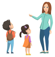 Schoolgirl and schoolboy standing near teacher. Boy with brown backpack on his back. Little girl in orange dress. Woman talking with pupils. Back to school concept. Flat cartoon vector illustration