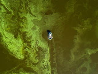 Fishing boat on green water, aerial drone view. Algae bloom in the river, green pattern on the water.