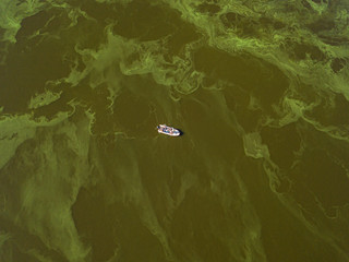 Fishing boat on green water, aerial drone view. Algae bloom in the river, green pattern on the...
